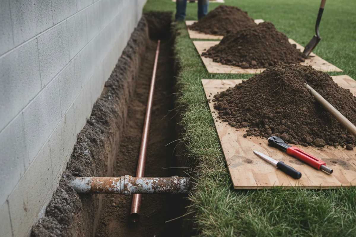 Excavated water line trench during Sewer Line Repair in Willow Creek
